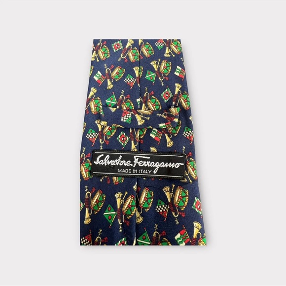 Salvatore Ferragamo Tie Necktie Blue Geometric Drum Trumpet Silk Made In Italy - Picture 8 of 12